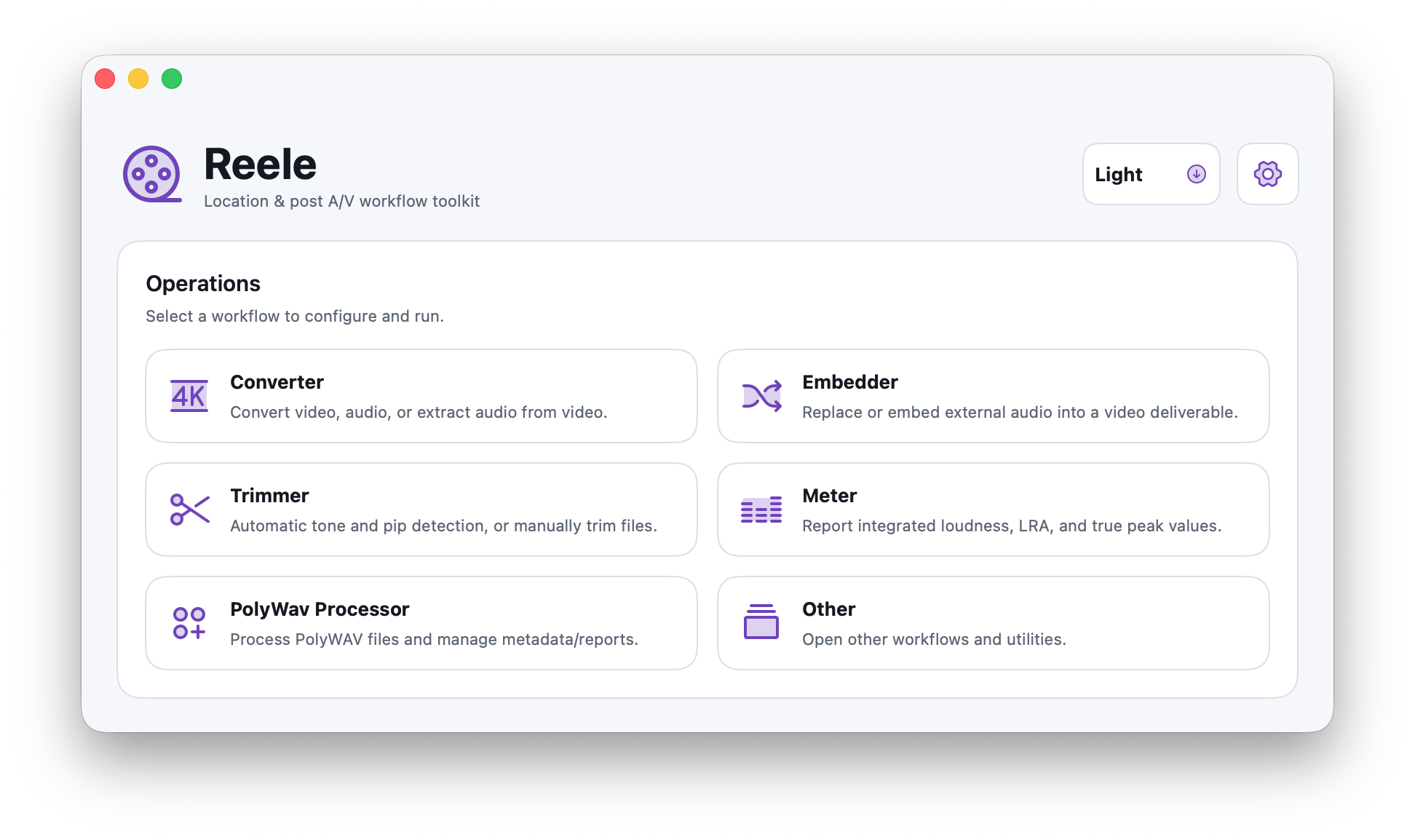 Reele macOS home dashboard with workflow cards for converter, embedder, trimmer, meter, and PolyWav processing