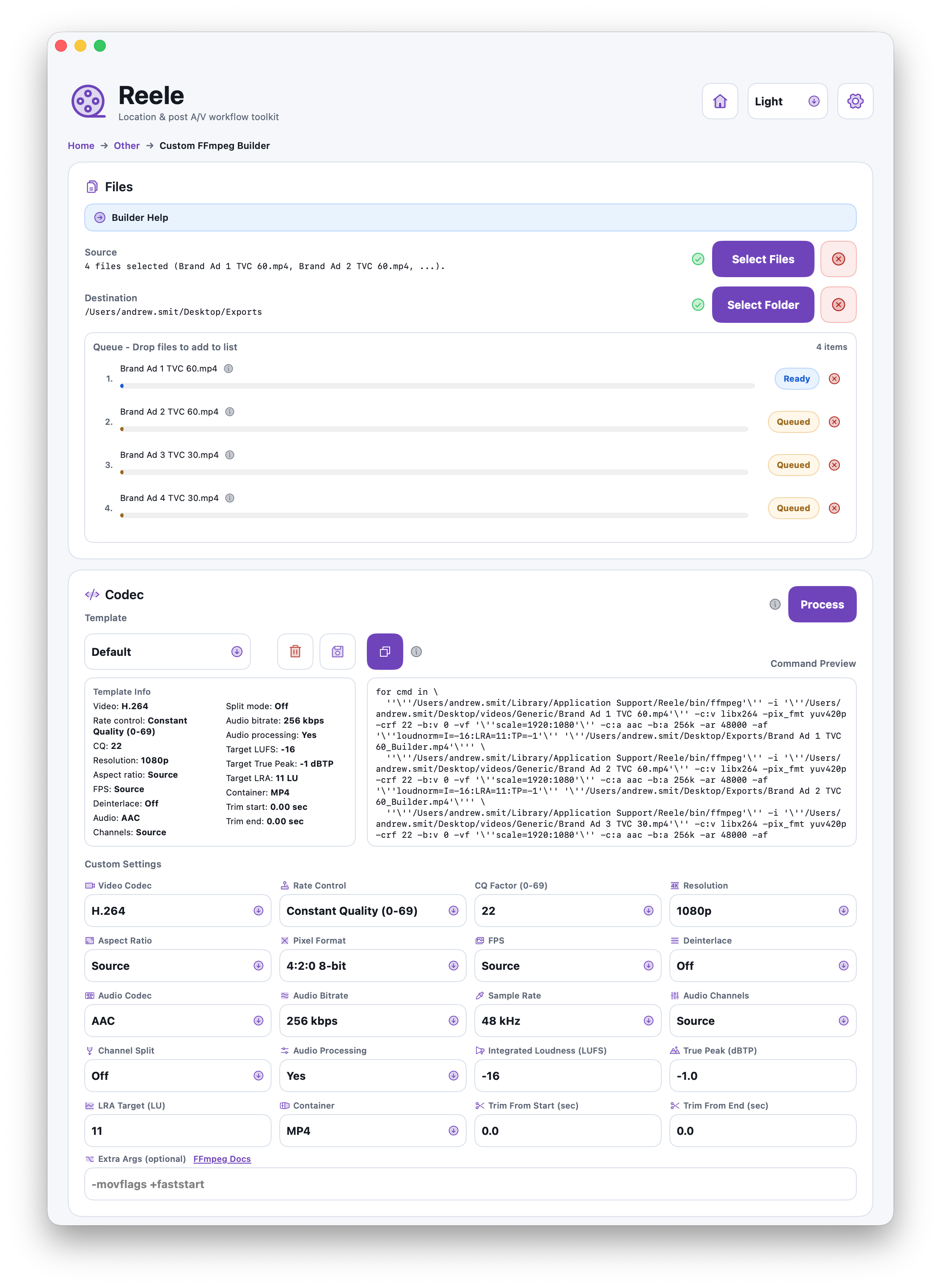 Reele custom FFmpeg builder showing advanced parameters and generated commands