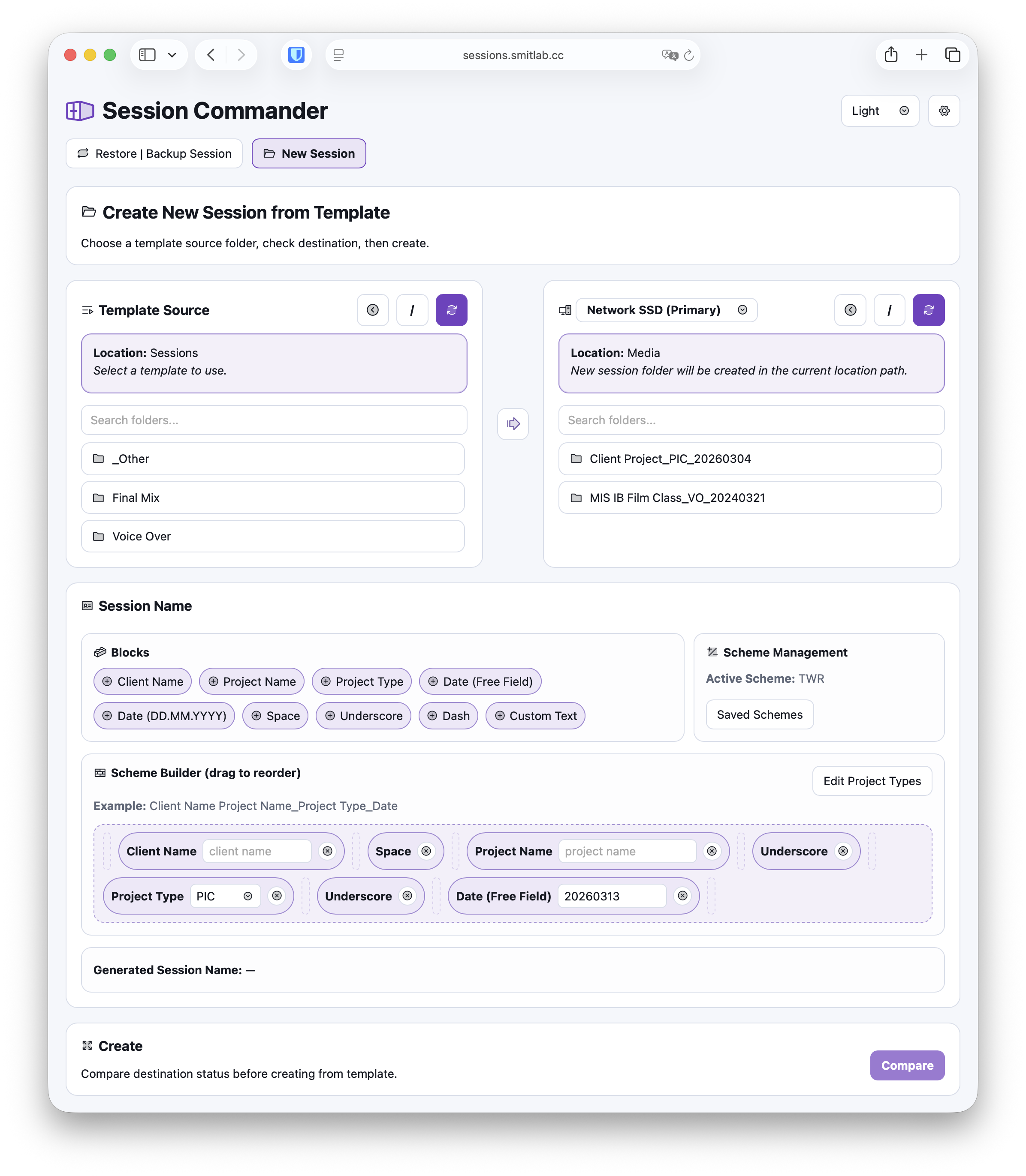 Session Commander new session preview